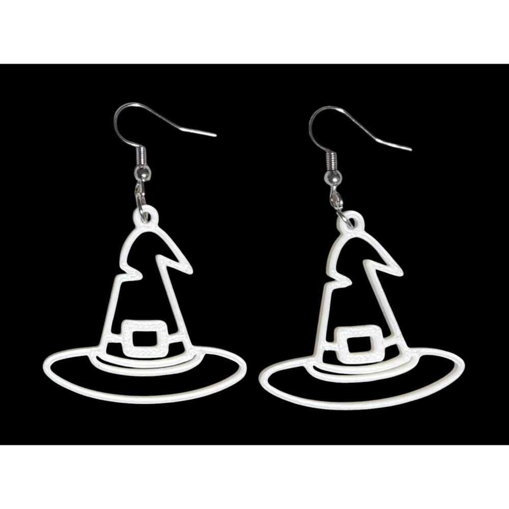 3D Printed Earrings - 2.25" x 1.5" Wizard Hat - WHITE - X010-01